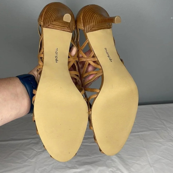 Maripe Rio Peep Toe Leather Shoes Tan Cutout Crossover Heels Retro Summer 11 - Picture 9 of 13